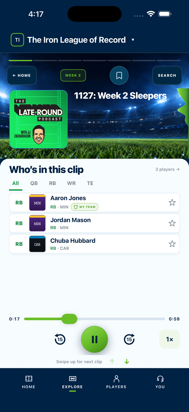 Explore on iPhone showing a source-attributed podcast clip and its players