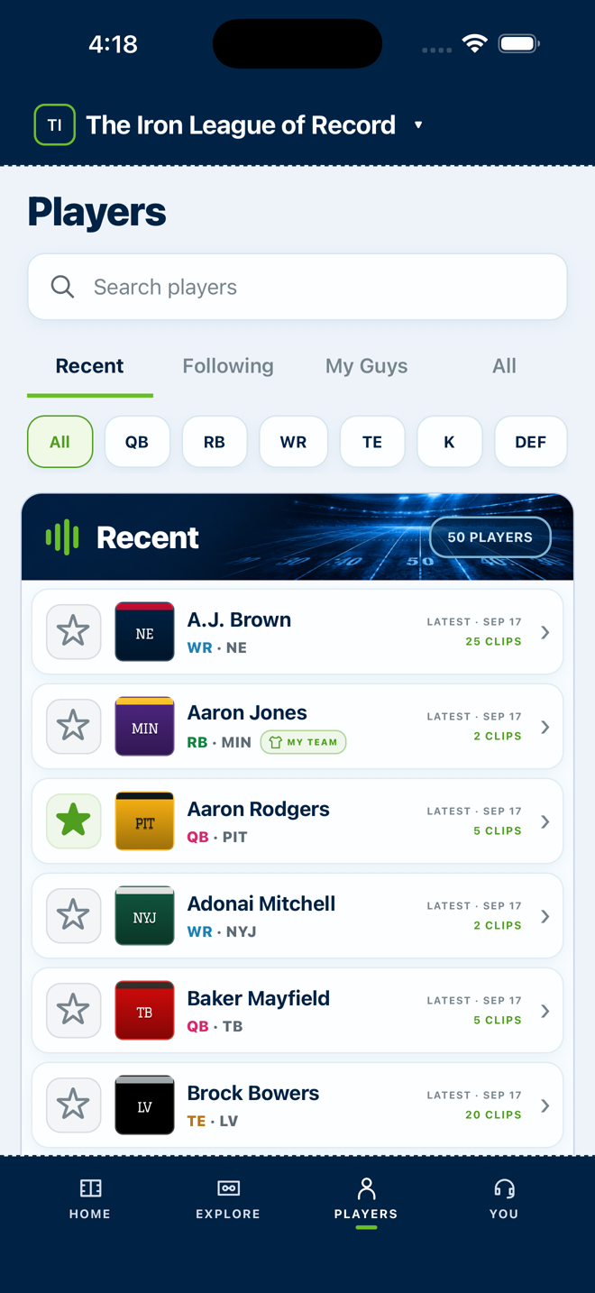 Player research and follow controls on iPhone